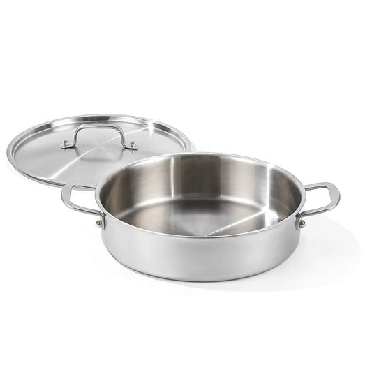 DELARLO Tri-Ply Stainless Steel 8 Quart Saute Pan with Lid Induction Rondeau Pot With Lid 13inch Deep Frying Pan Large Heavy Duty Style Compatible With All Cooktops Up to 500℉