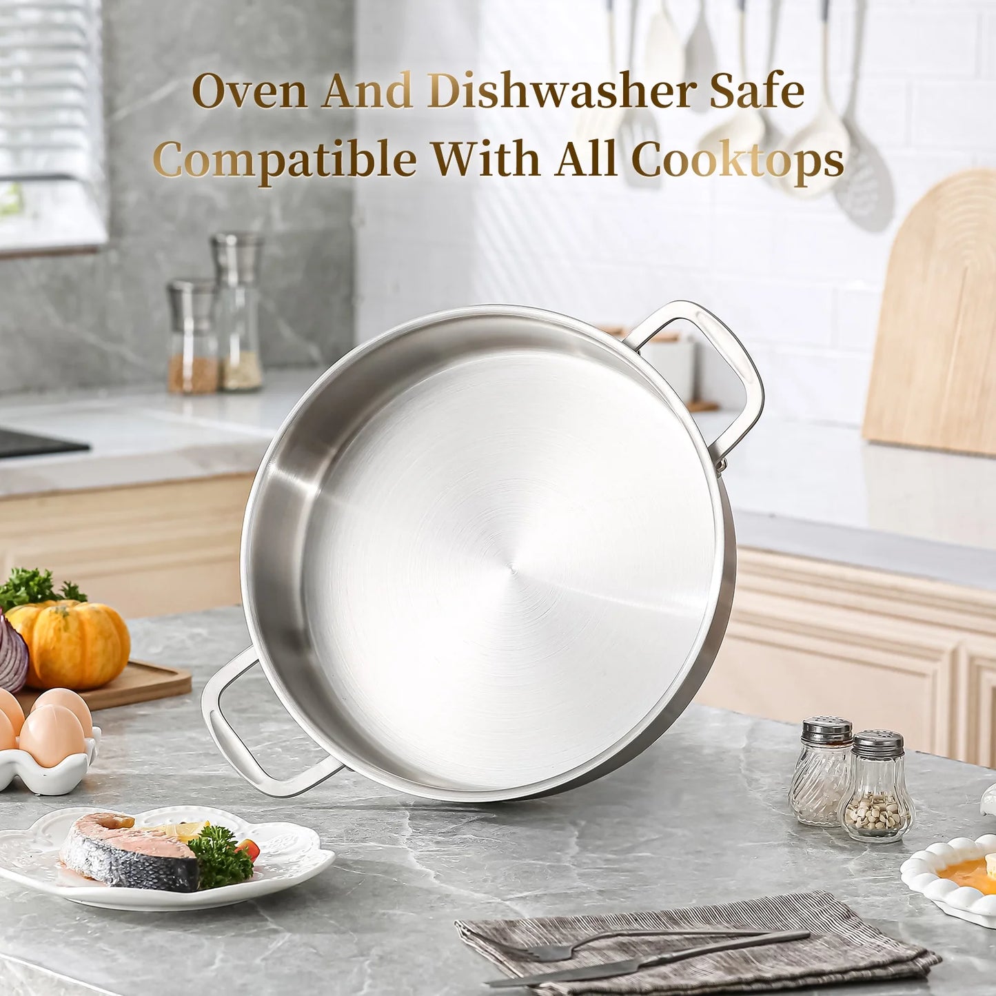 DELARLO Tri-Ply Stainless Steel 8 Quart Saute Pan with Lid Induction Rondeau Pot With Lid 13inch Deep Frying Pan Large Heavy Duty Style Compatible With All Cooktops Up to 500℉