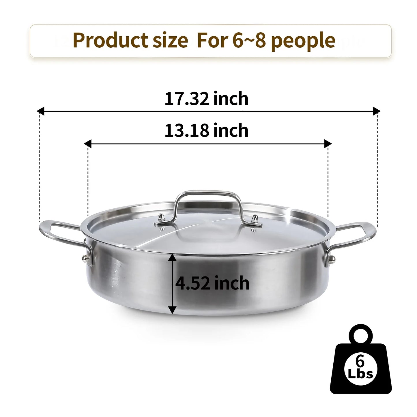DELARLO Tri-Ply Stainless Steel 8 Quart Saute Pan with Lid Induction Rondeau Pot With Lid 13inch Deep Frying Pan Large Heavy Duty Style Compatible With All Cooktops Up to 500℉