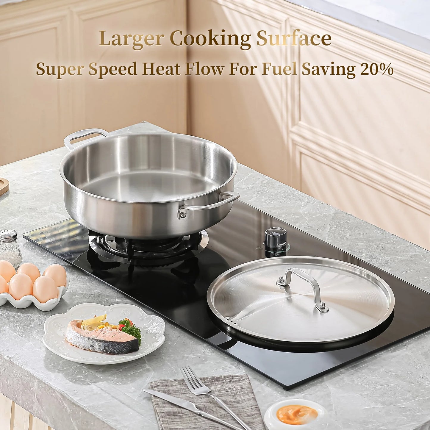 DELARLO Tri-Ply Stainless Steel 8 Quart Saute Pan with Lid Induction Rondeau Pot With Lid 13inch Deep Frying Pan Large Heavy Duty Style Compatible With All Cooktops Up to 500℉