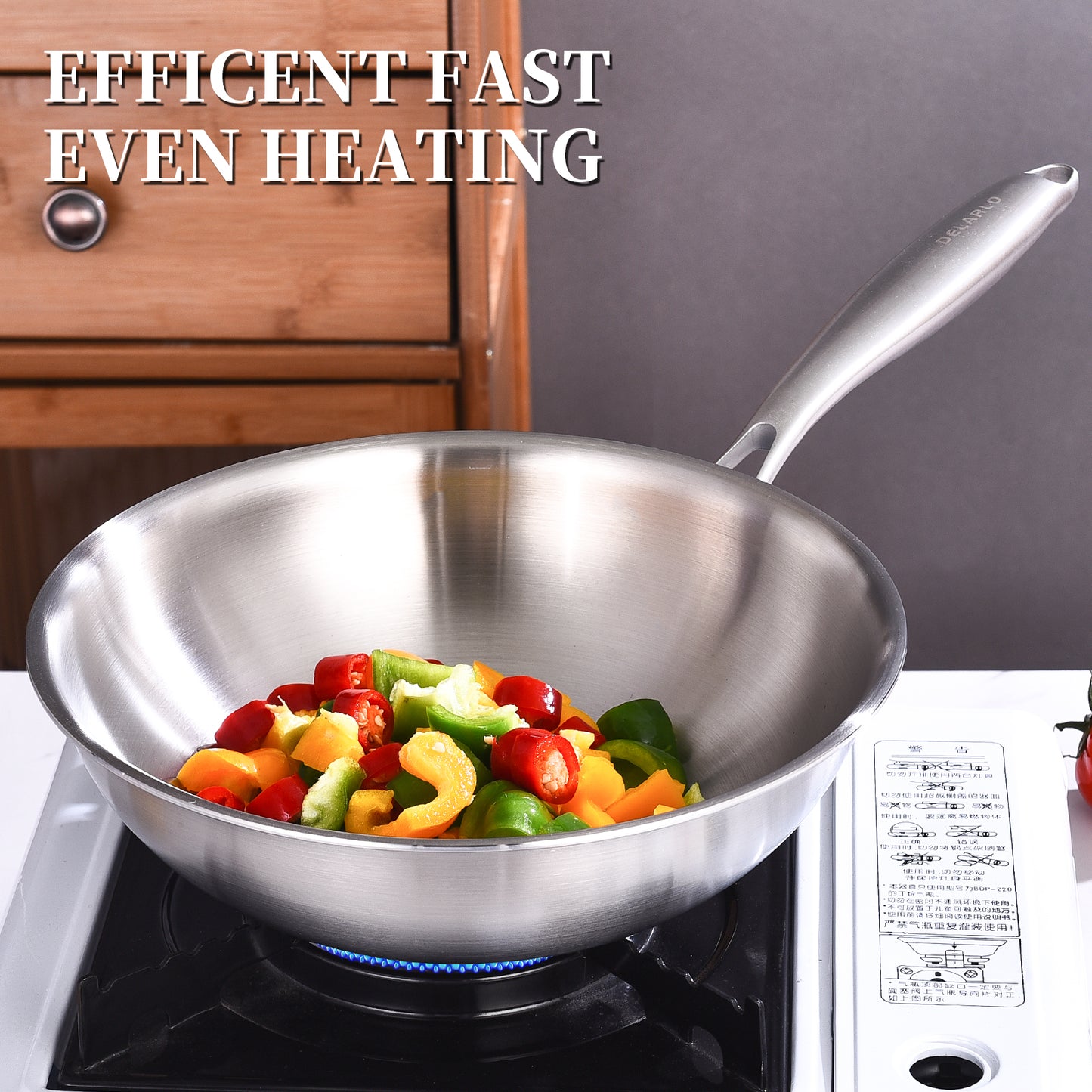 DELARLO Whole Body Tri-Ply Stainless Steel Pan 10 inch, Stainless Steel Woks & Stir-Fry Pans, Deep Kitchen Wok Pan with Lids